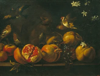 Nature morte avec grenades, raisins, oiseaux et écureuil